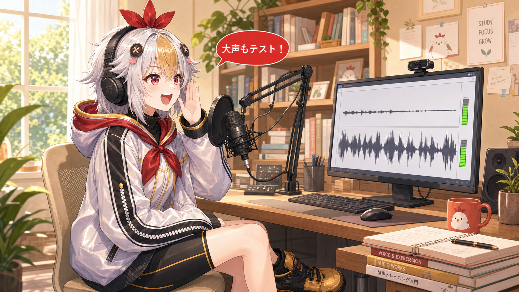 通常声と大声の両方でマイクをテストするこっこちゃん