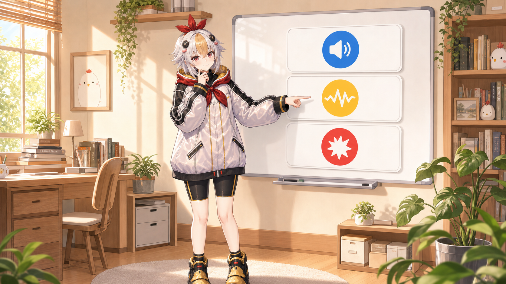 声が小さい・ノイズ・音割れの症状ボードを確認するこっこちゃん