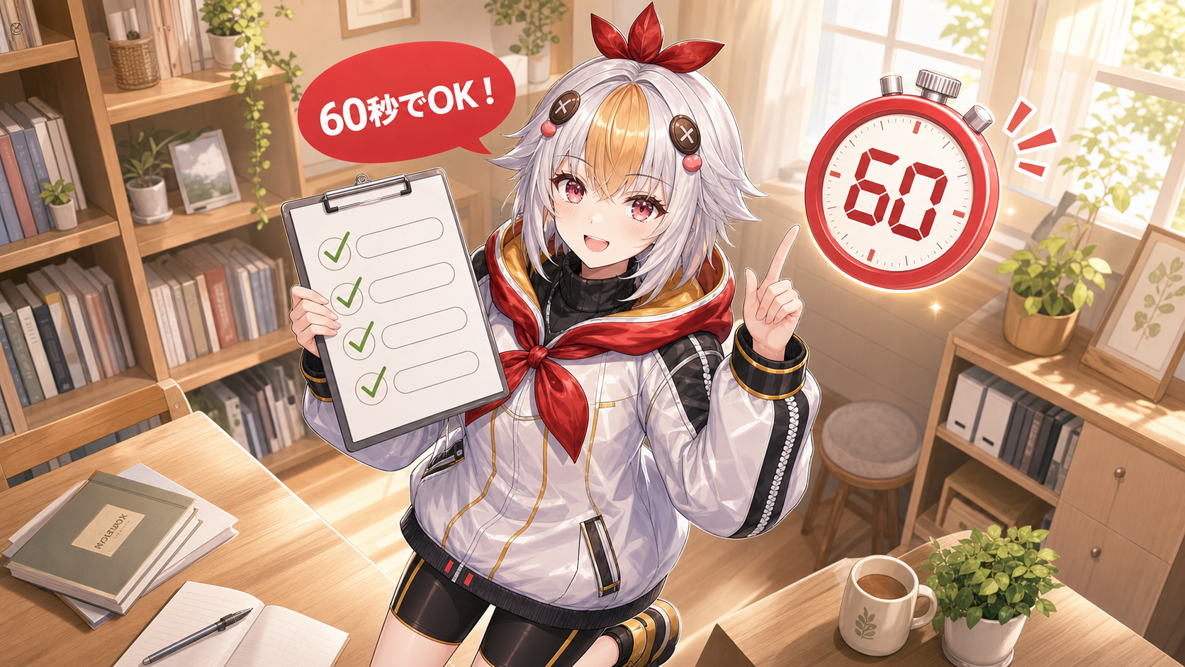 配信前60秒サウンドチェックのチェックリストを持つこっこちゃん