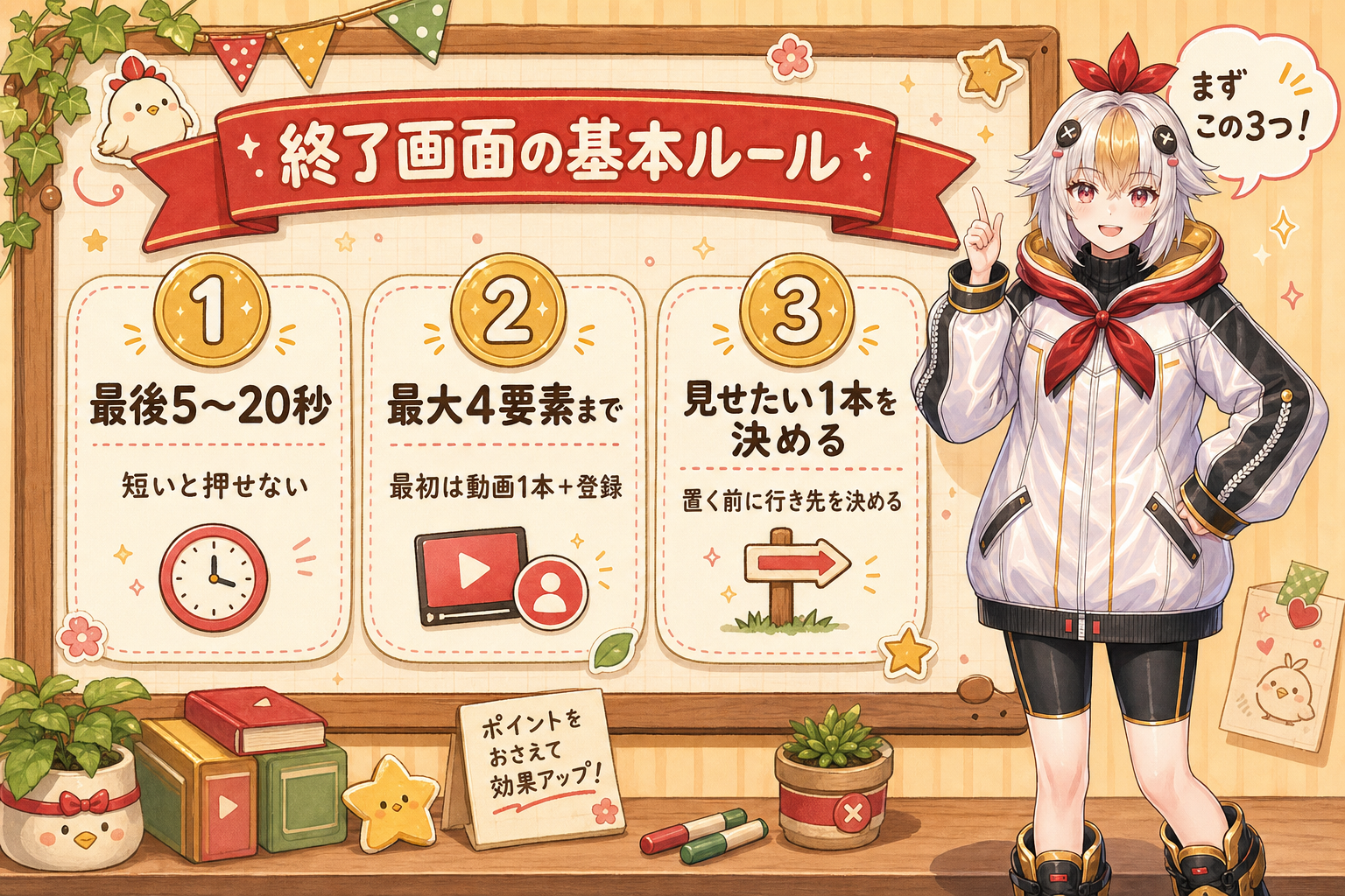 終了画面の基本ルール3つ（最後5〜20秒・最大4要素・見せたい1本を決める）の図解とこっこちゃん