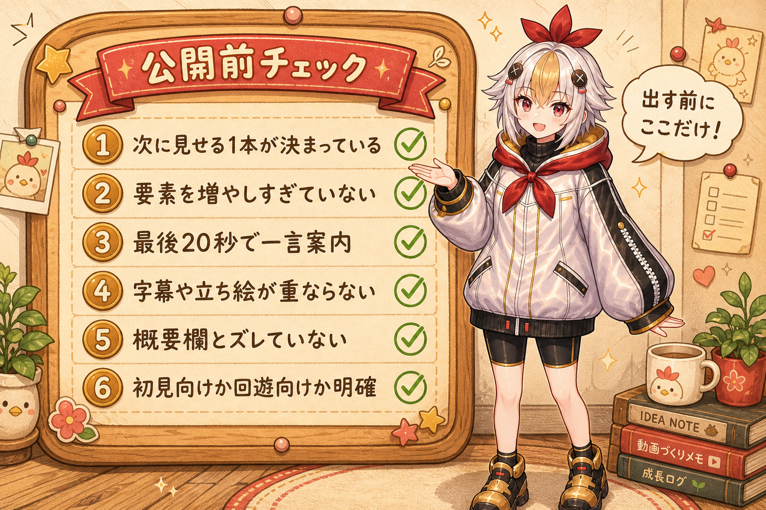 終了画面の公開前チェック6項目の図解とこっこちゃん