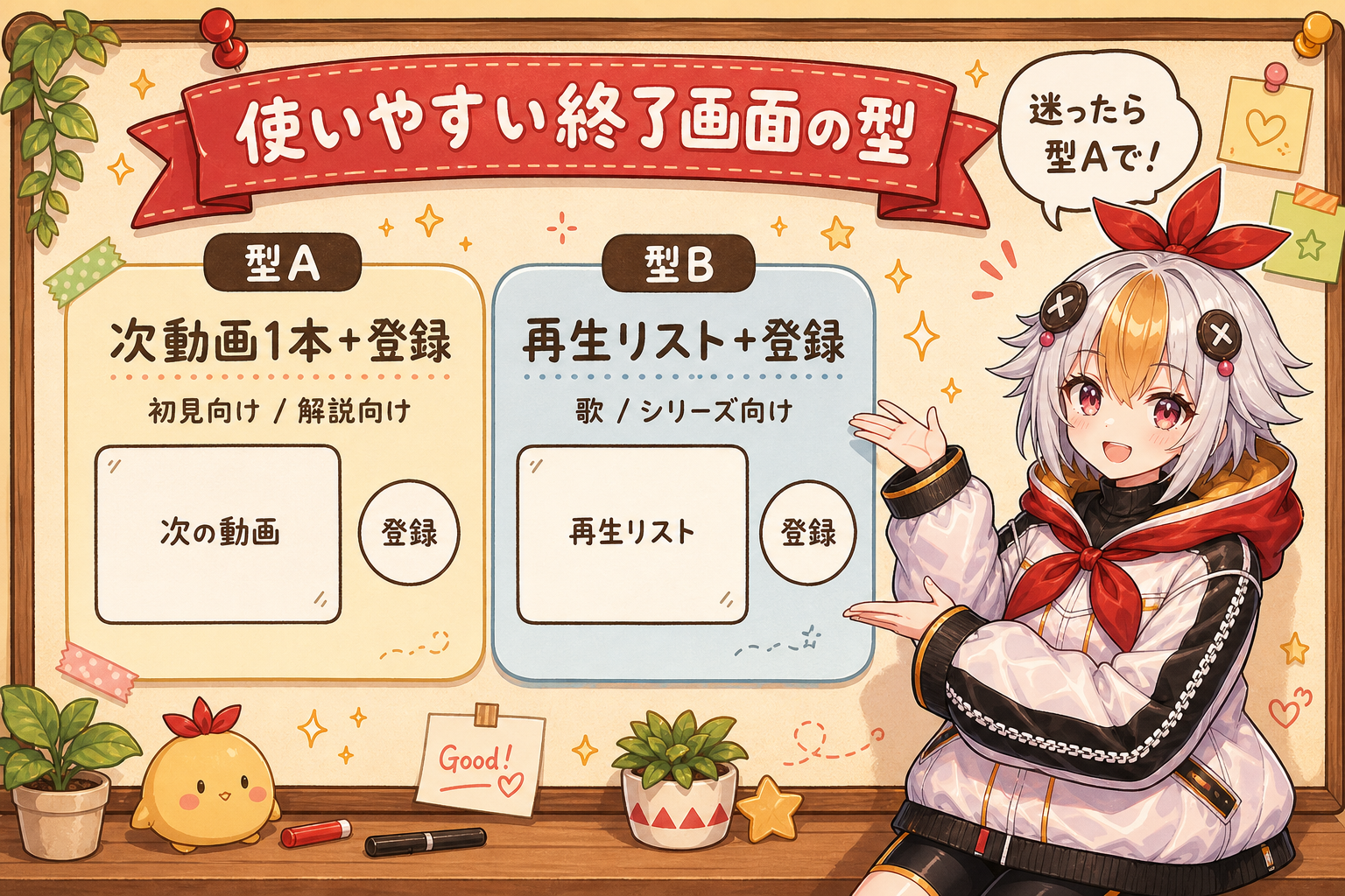 終了画面の型A（次動画1本＋登録）と型B（再生リスト＋登録）の図解とこっこちゃん