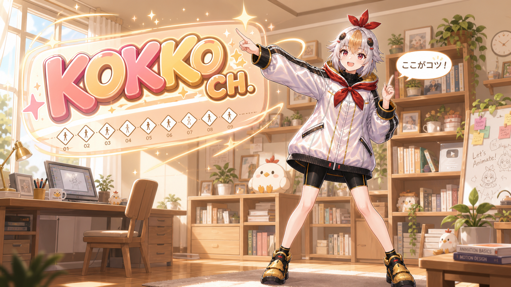KOKKO CH.のロゴアニメーションが完成し操作手順を指し示すこっこちゃん