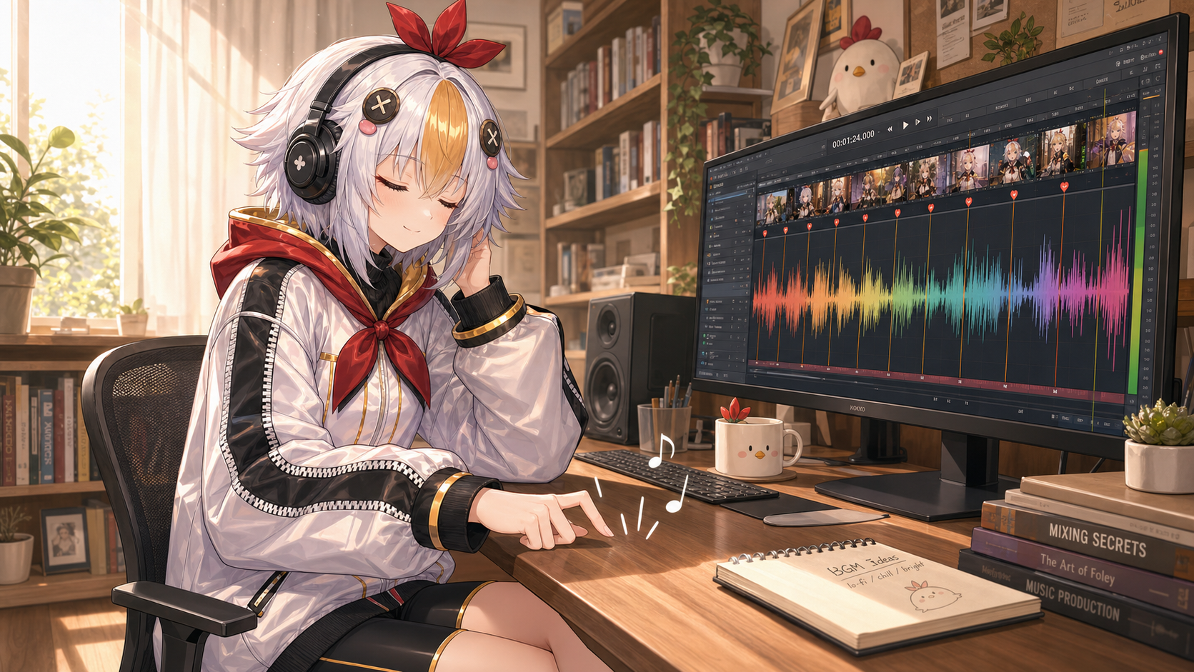 波形を見ながらBGMと映像のタイミングを合わせるこっこちゃん