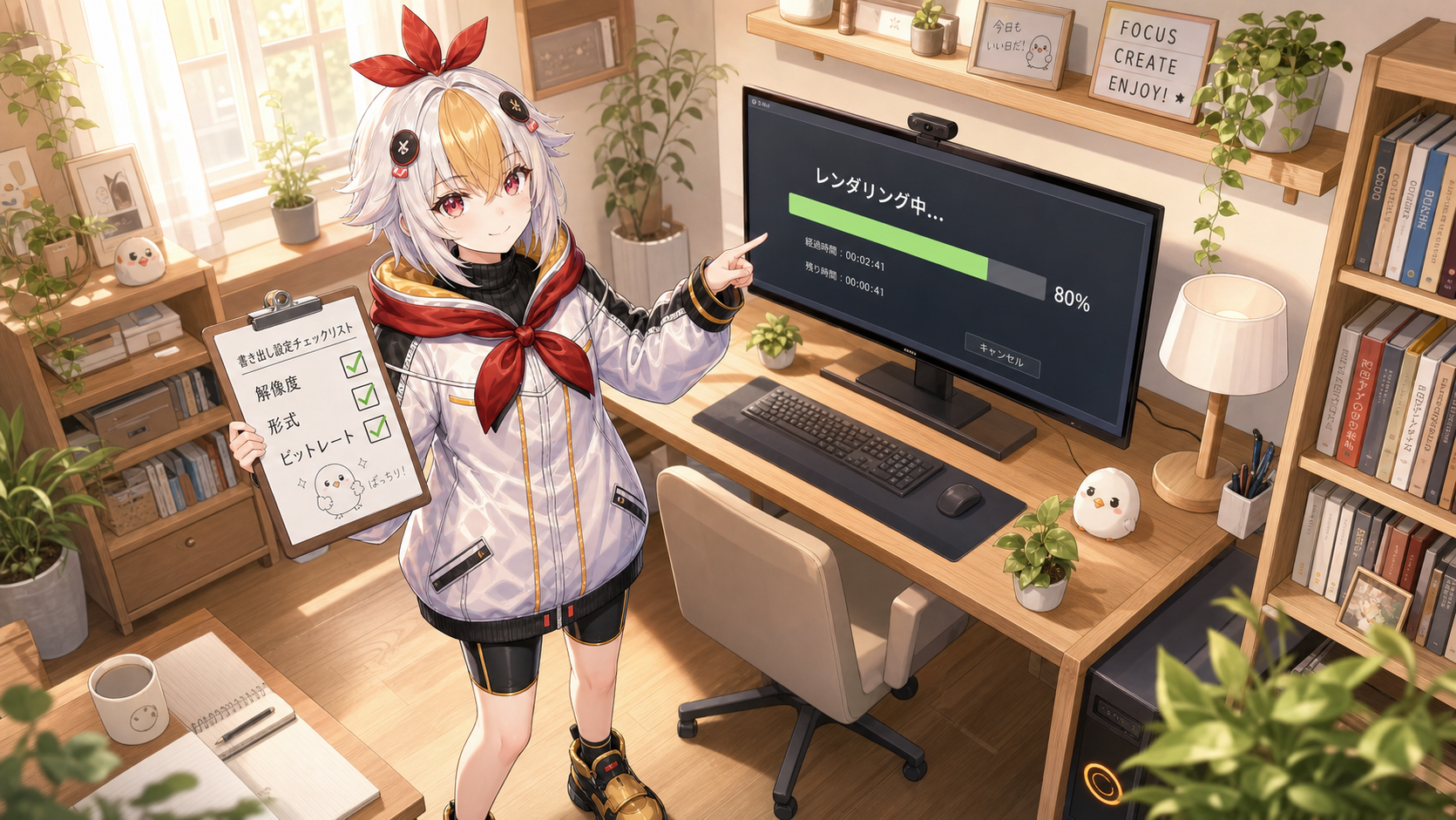 書き出し設定チェックリストを手に動画レンダリングを見守るこっこちゃん
