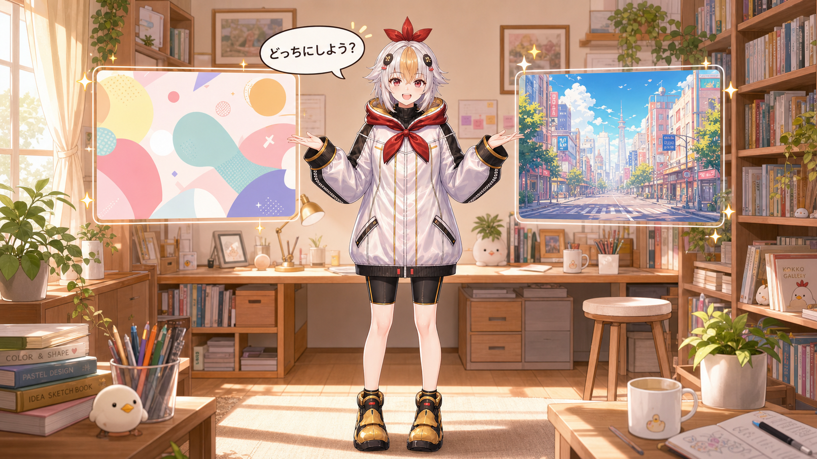 AI生成素材と背景イラストのどちらを使うか選ぶこっこちゃん