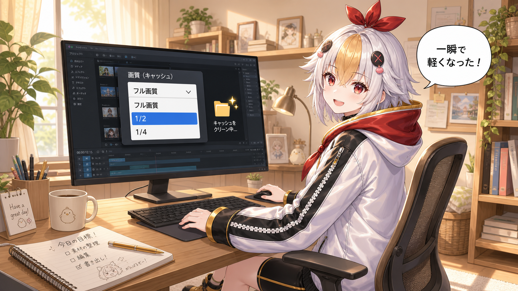 再生解像度を下げてメディアキャッシュを整理するこっこちゃん