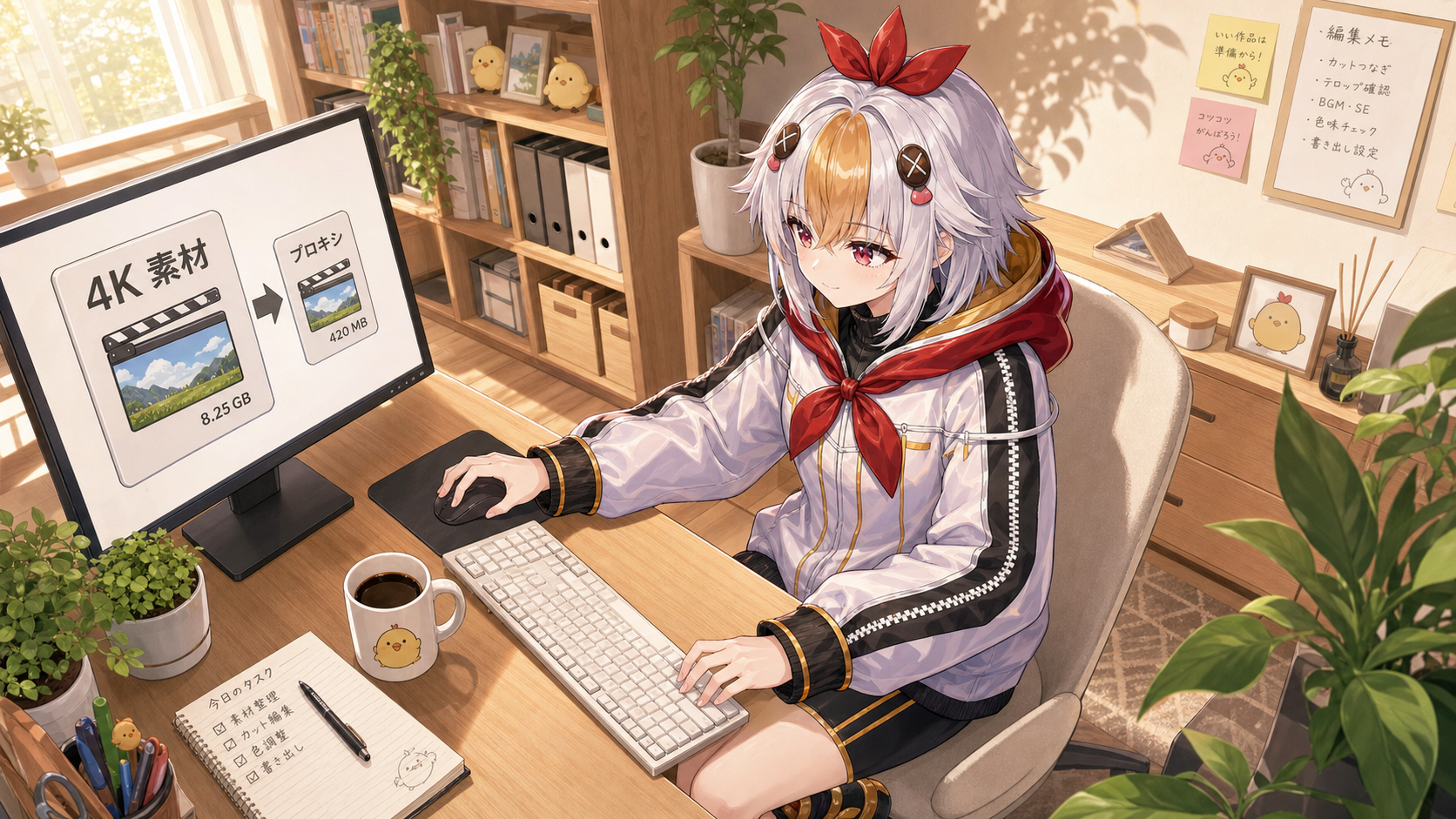 プロキシ編集で軽量ファイルに切り替えて作業するこっこちゃん