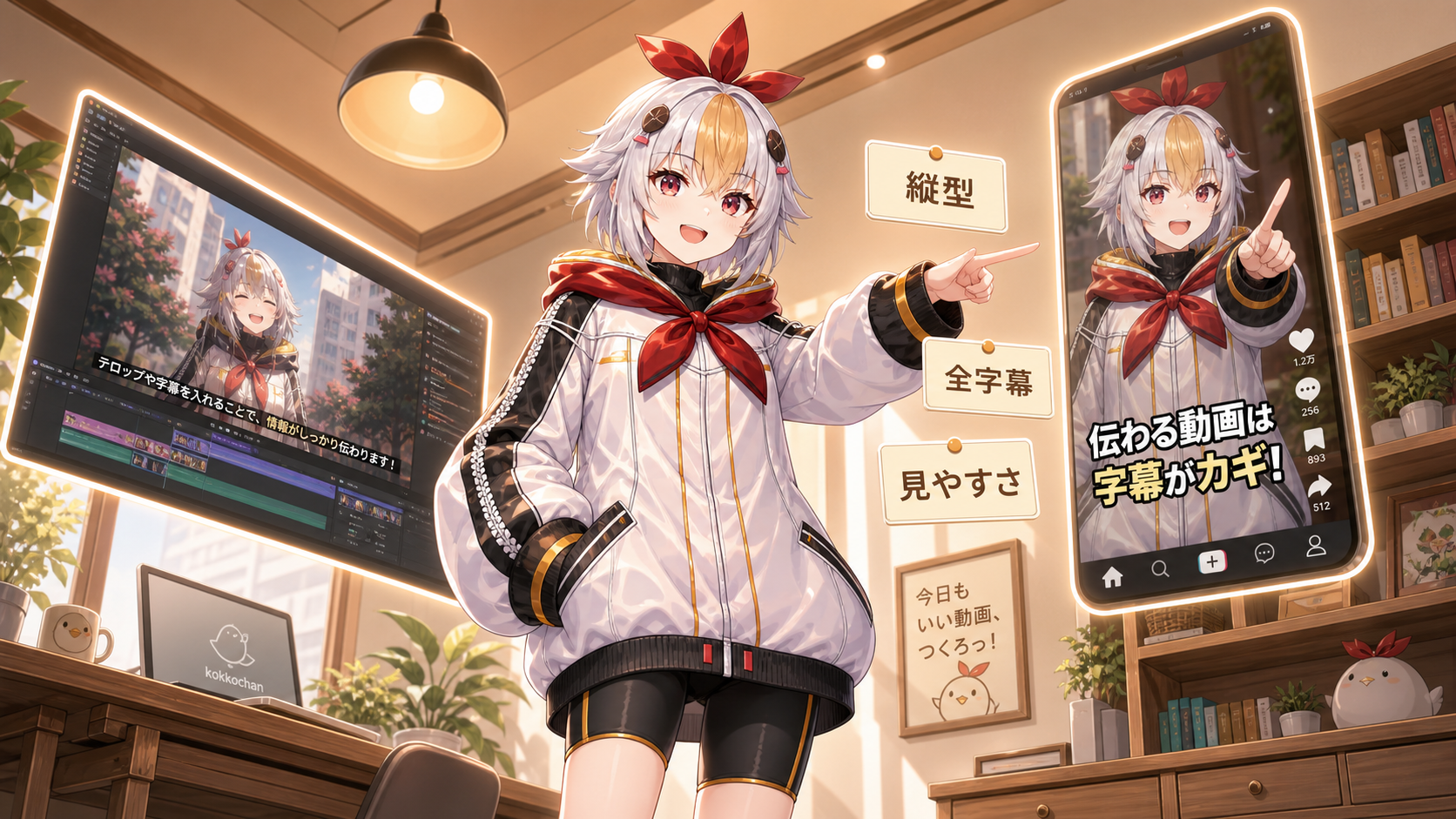 ショート・TikTok動画のテロップが横動画と違う3つのポイントを説明するこっこちゃん