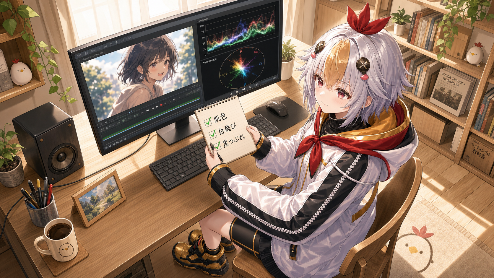 肌色・白飛びをLumetriスコープでチェックする様子
