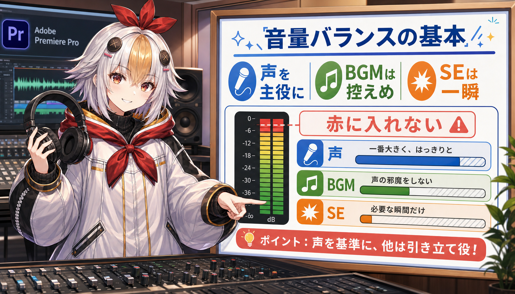 Premiere Proの声とBGMと効果音の音量バランス
