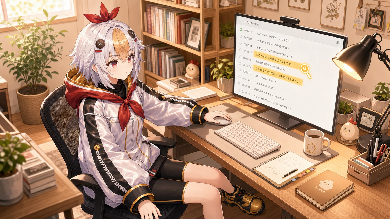 こっこちゃんがPremiere Proの文字起こし編集を説明している挿絵