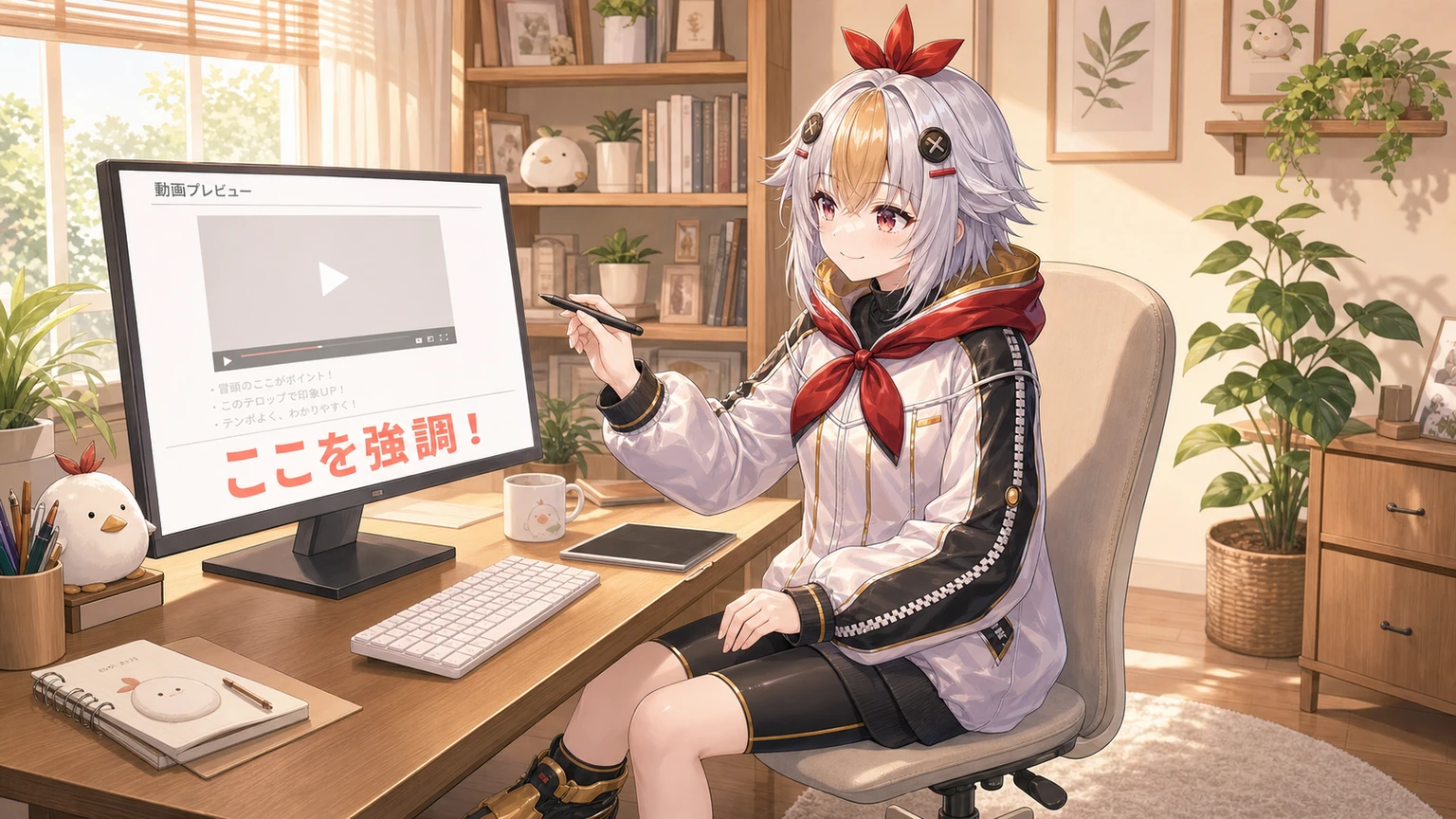 こっこちゃんがPremiere Proで字幕を読みやすく調整している挿絵