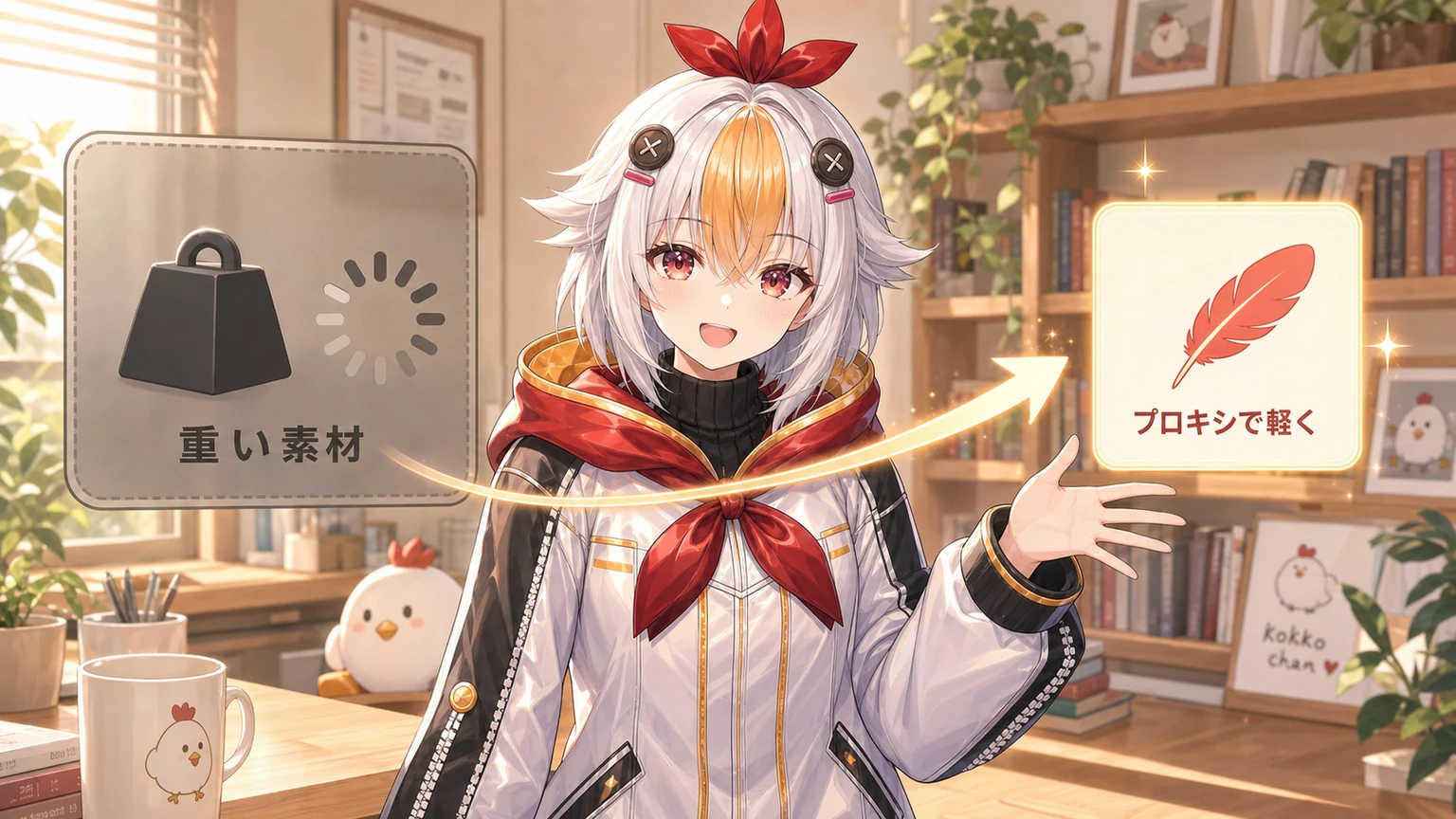 こっこちゃんがPremiere Proのプロキシ編集で作業を軽くしている挿絵