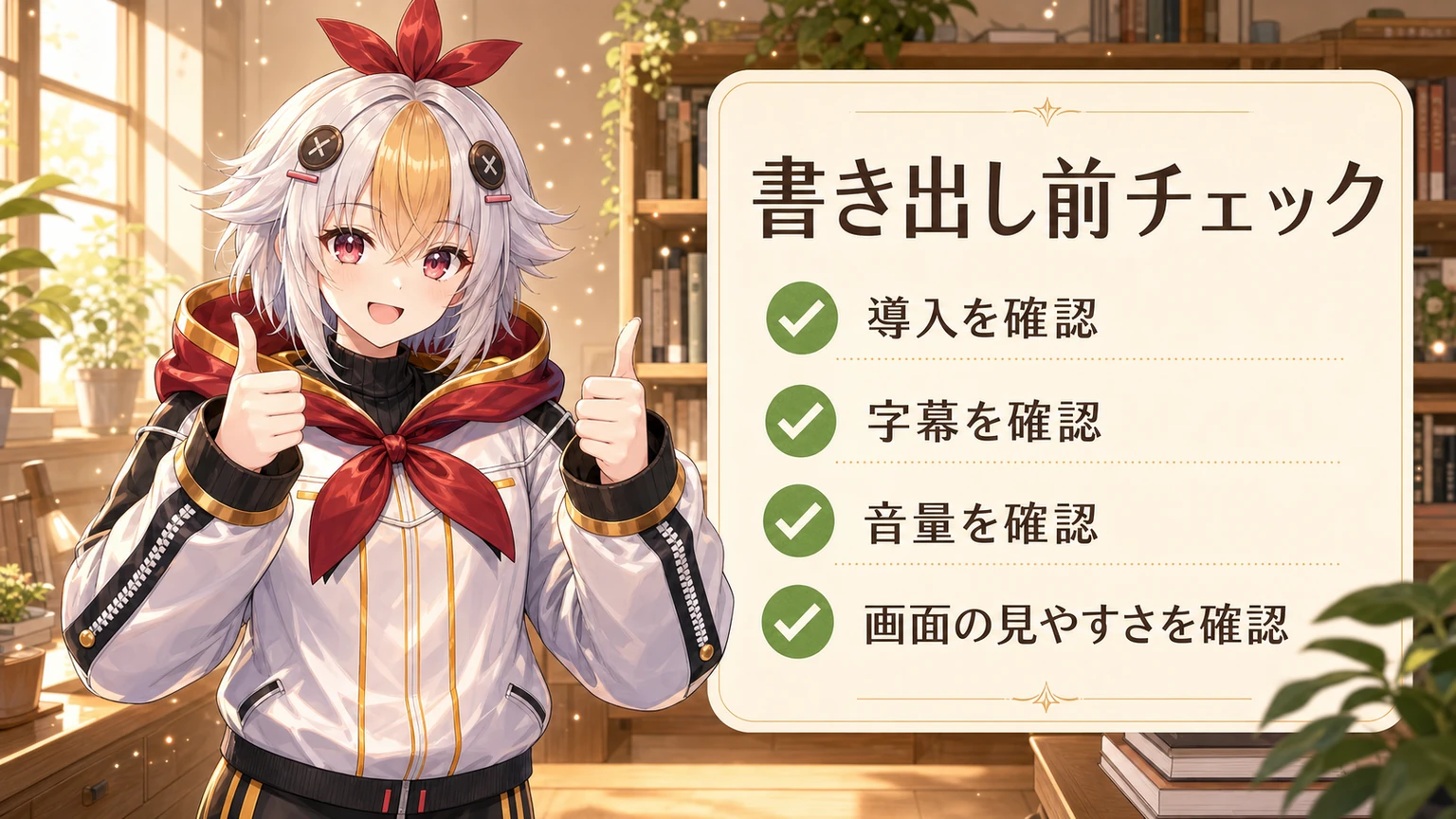 こっこちゃんがShorts用動画の書き出し前チェックをしている挿絵