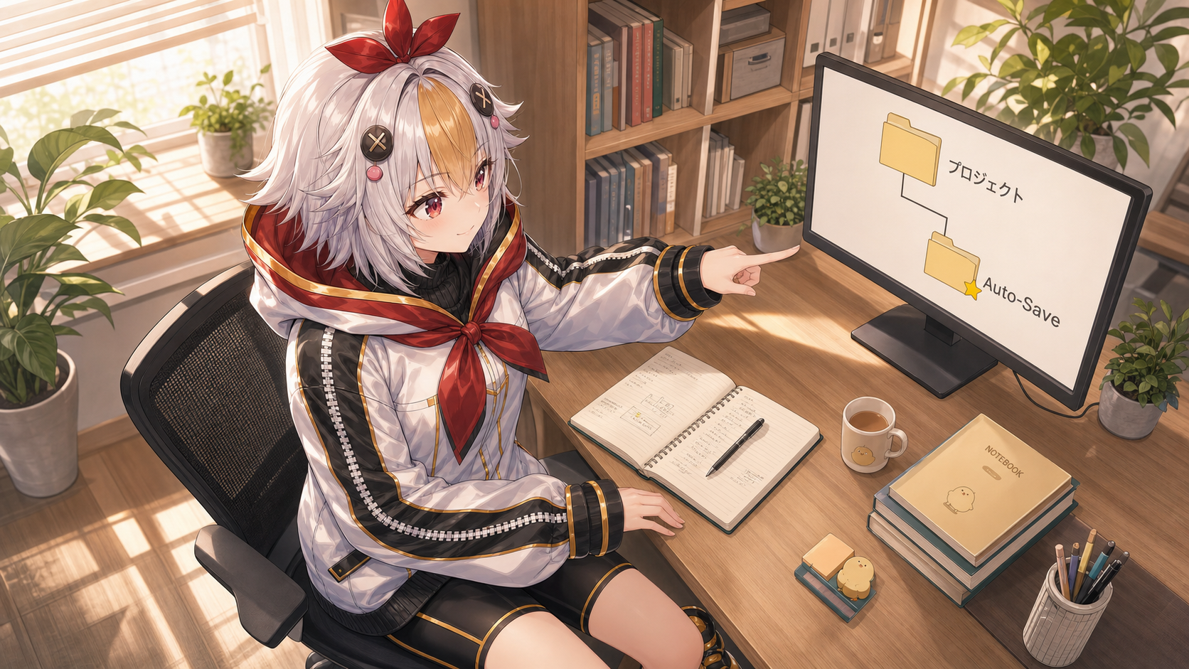 自動保存フォルダの場所を指し示すこっこちゃん