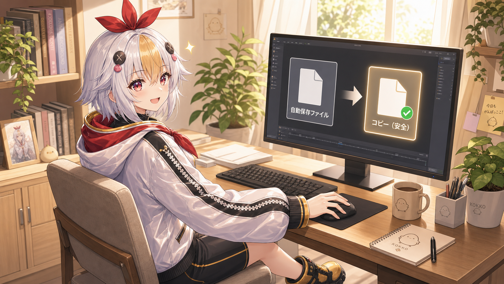 自動保存ファイルをコピーして安全に開く手順を説明するこっこちゃん