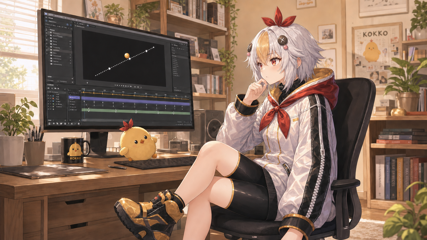 After Effectsのタイムラインを確認するこっこちゃん
