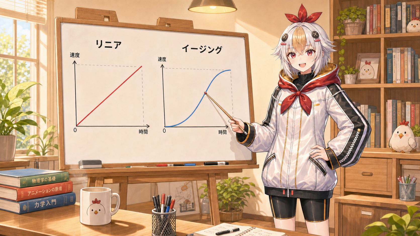 リニアとイージングの速度グラフの違いを説明するこっこちゃん