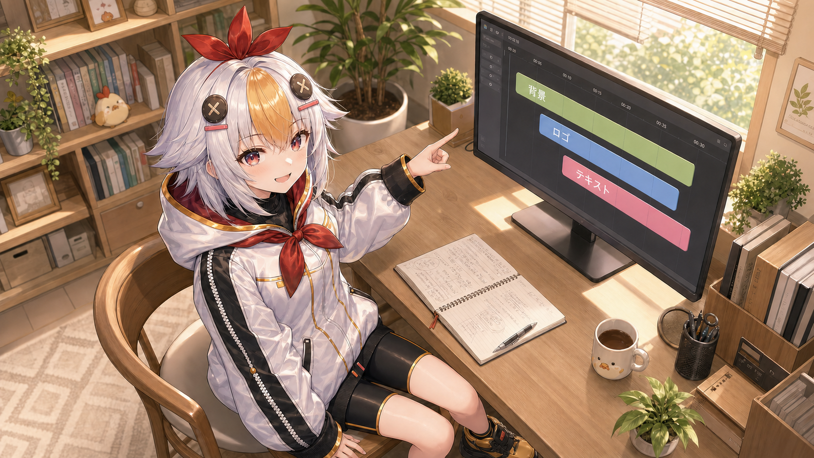 背景・ロゴ・テキストの動き出すタイミングをずらす例を説明するこっこちゃん