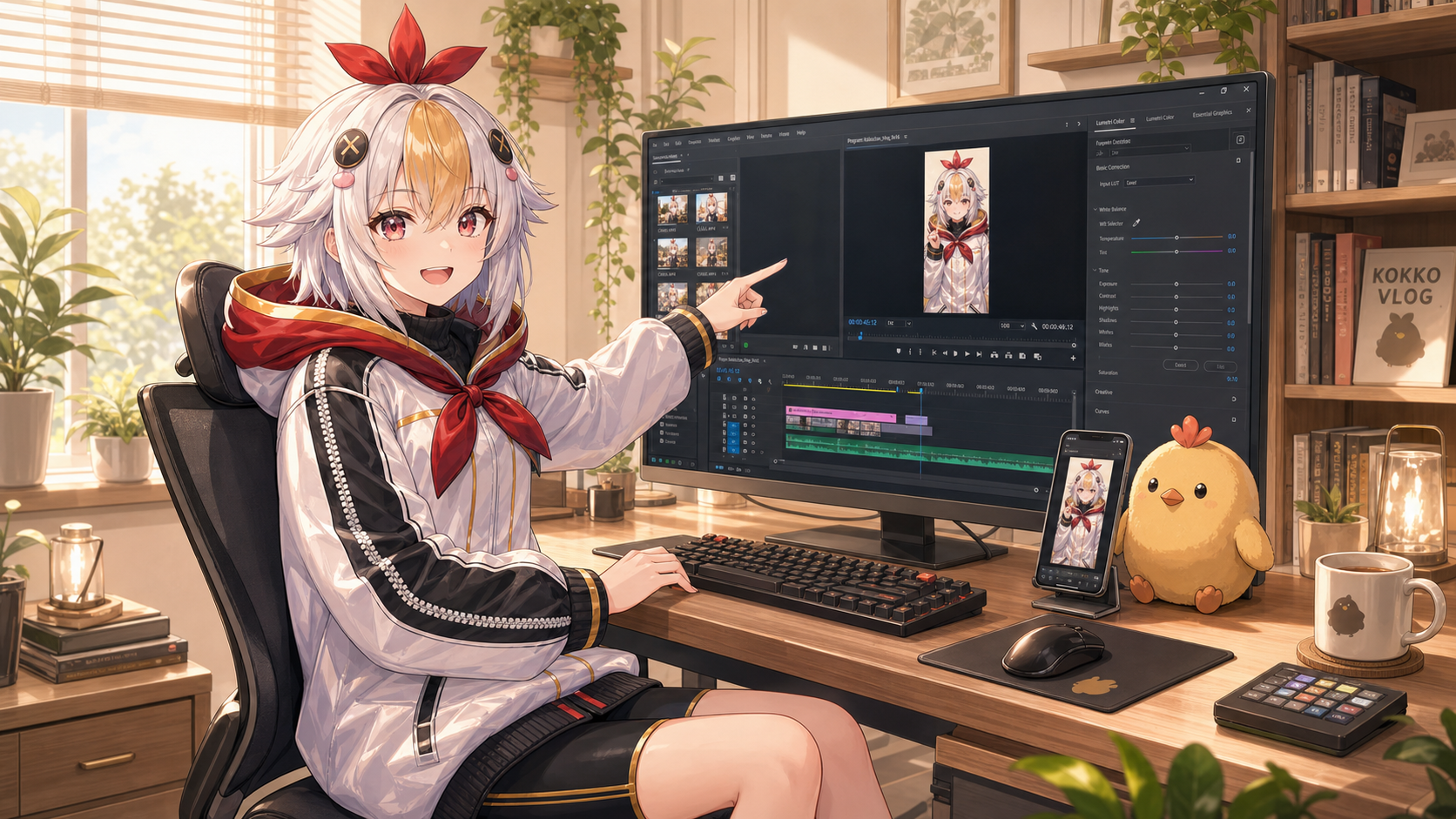 Premiere Proで縦動画を編集するこっこちゃん、スマホに縦動画が表示されている
