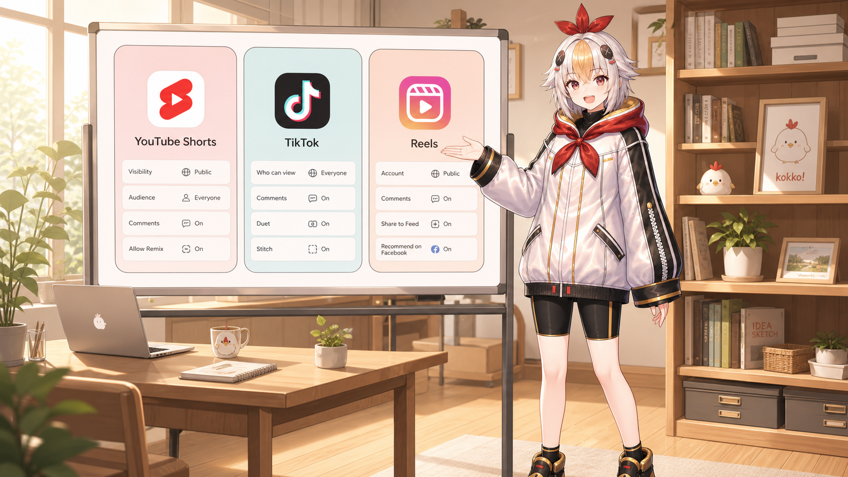 YouTube Shorts・TikTok・Reels別のおすすめ設定を説明するこっこちゃん