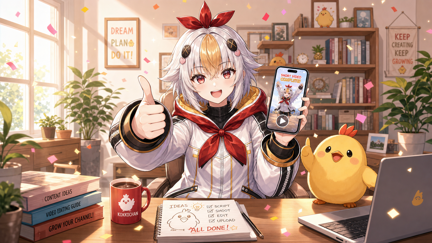 縦動画が完成して笑顔でサムズアップするこっこちゃん