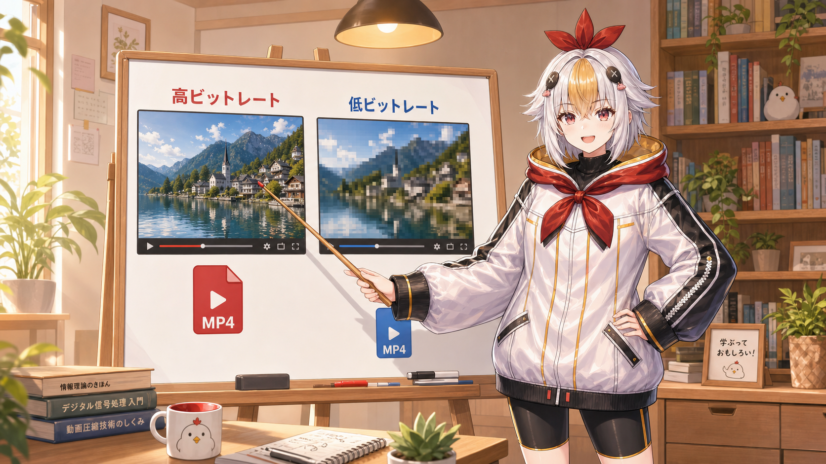 高ビットレートと低ビットレートの画質とファイルサイズの違いを比較するこっこちゃん