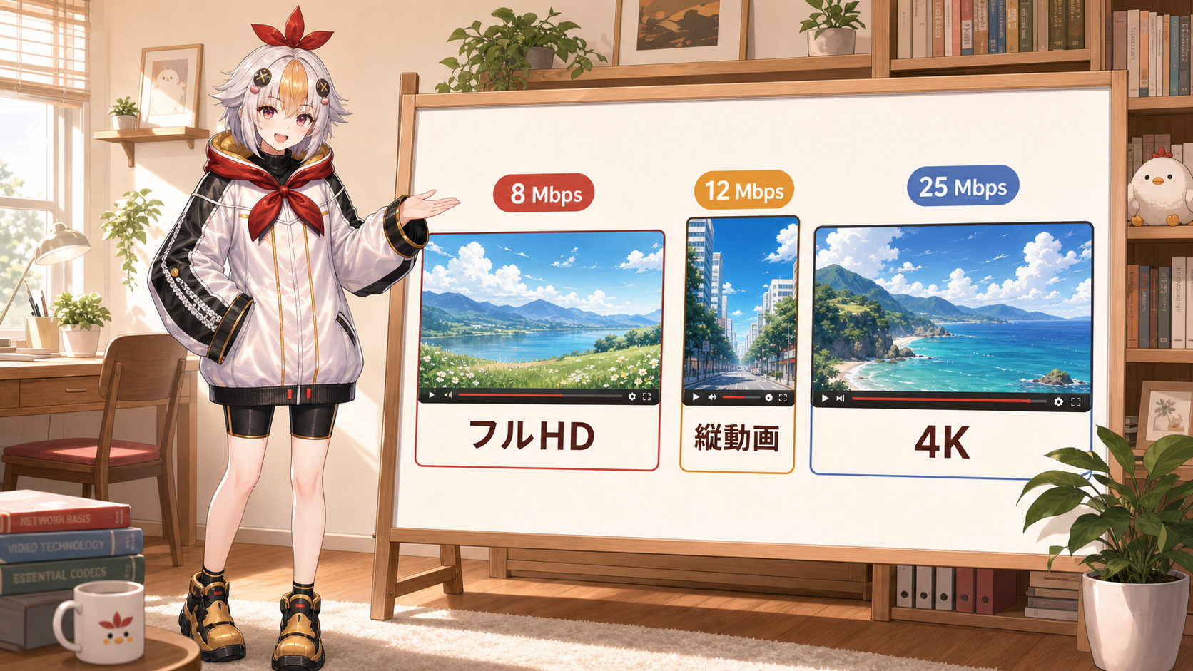 フルHD・縦動画・4K別のビットレート目安を説明するこっこちゃん