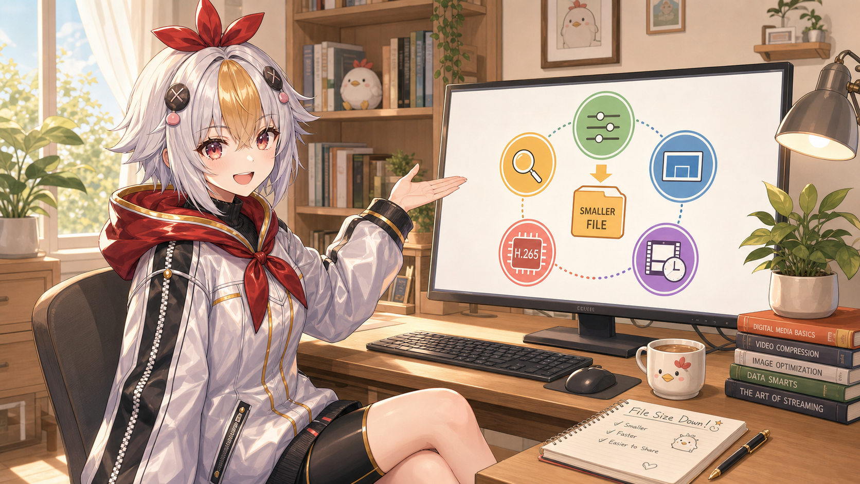 ファイルサイズを小さくする5つの方法を説明するこっこちゃん