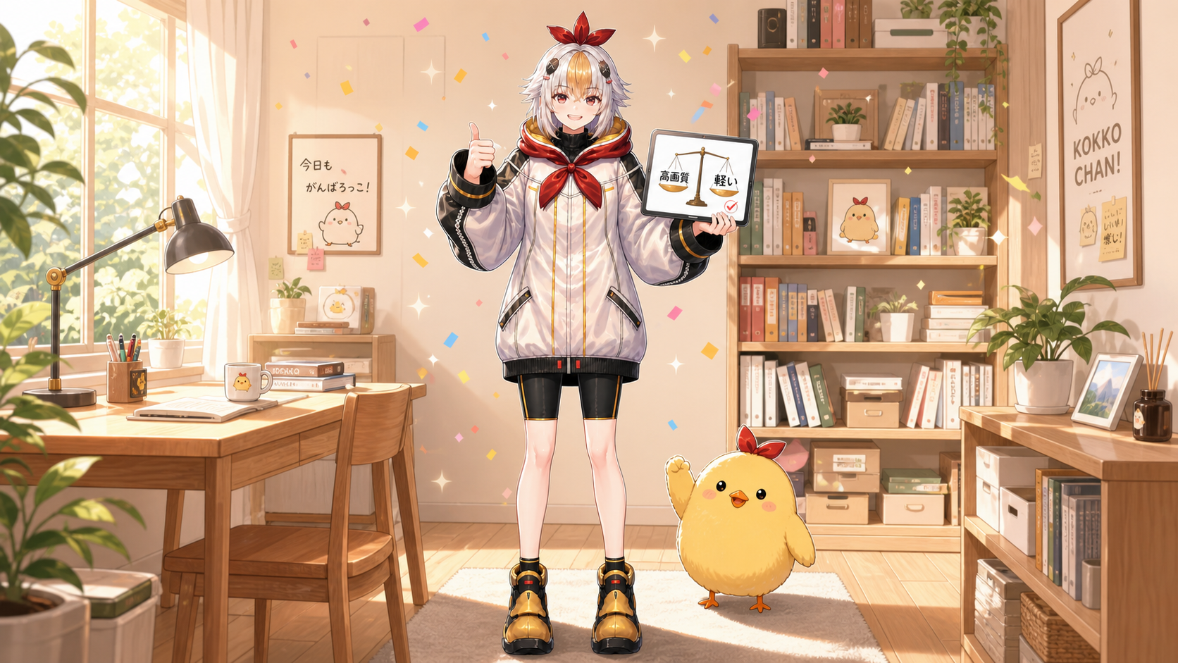 画質とサイズのバランスが取れて笑顔でサムズアップするこっこちゃん