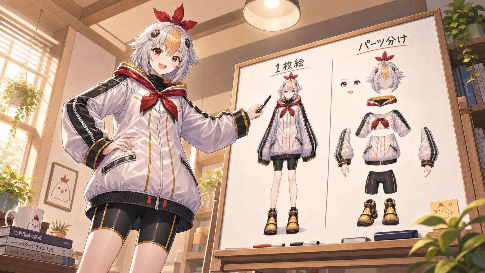 1枚絵とパーツ分けした絵の違いを比較するこっこちゃん