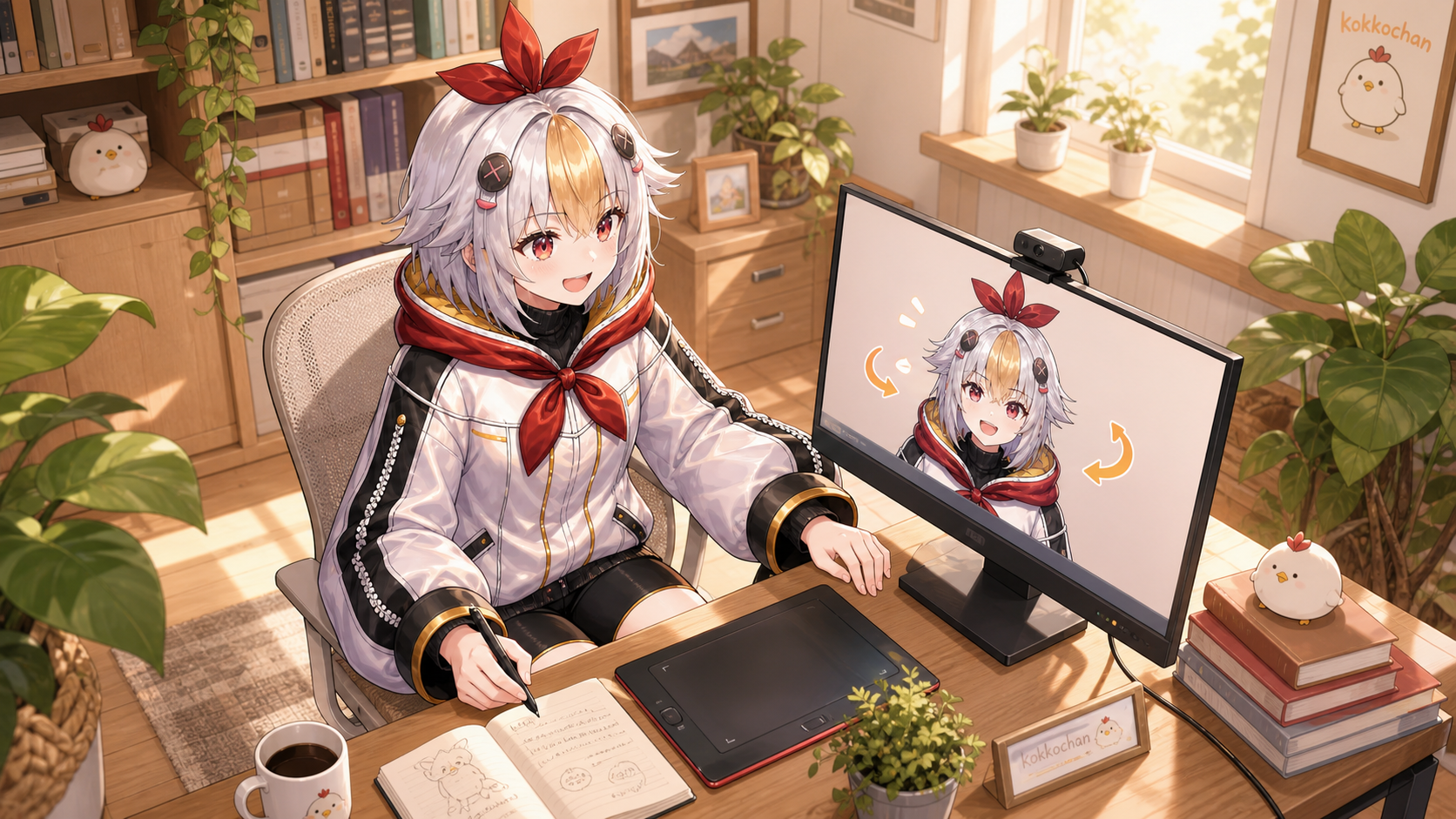 webカメラでアバターを動かすトラッキング連携を実演するこっこちゃん