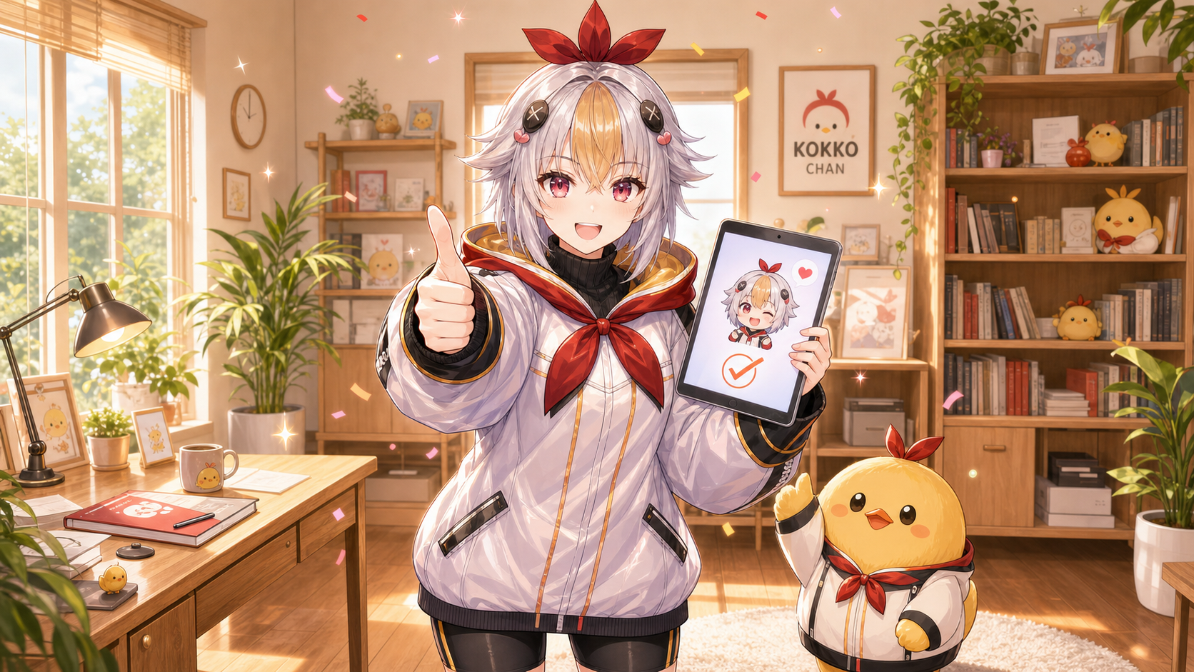 Live2Dモデルが完成して笑顔でサムズアップするこっこちゃん