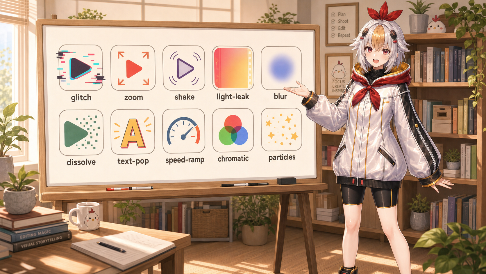 かっこいいエフェクト10選のアイコン一覧を説明するこっこちゃん