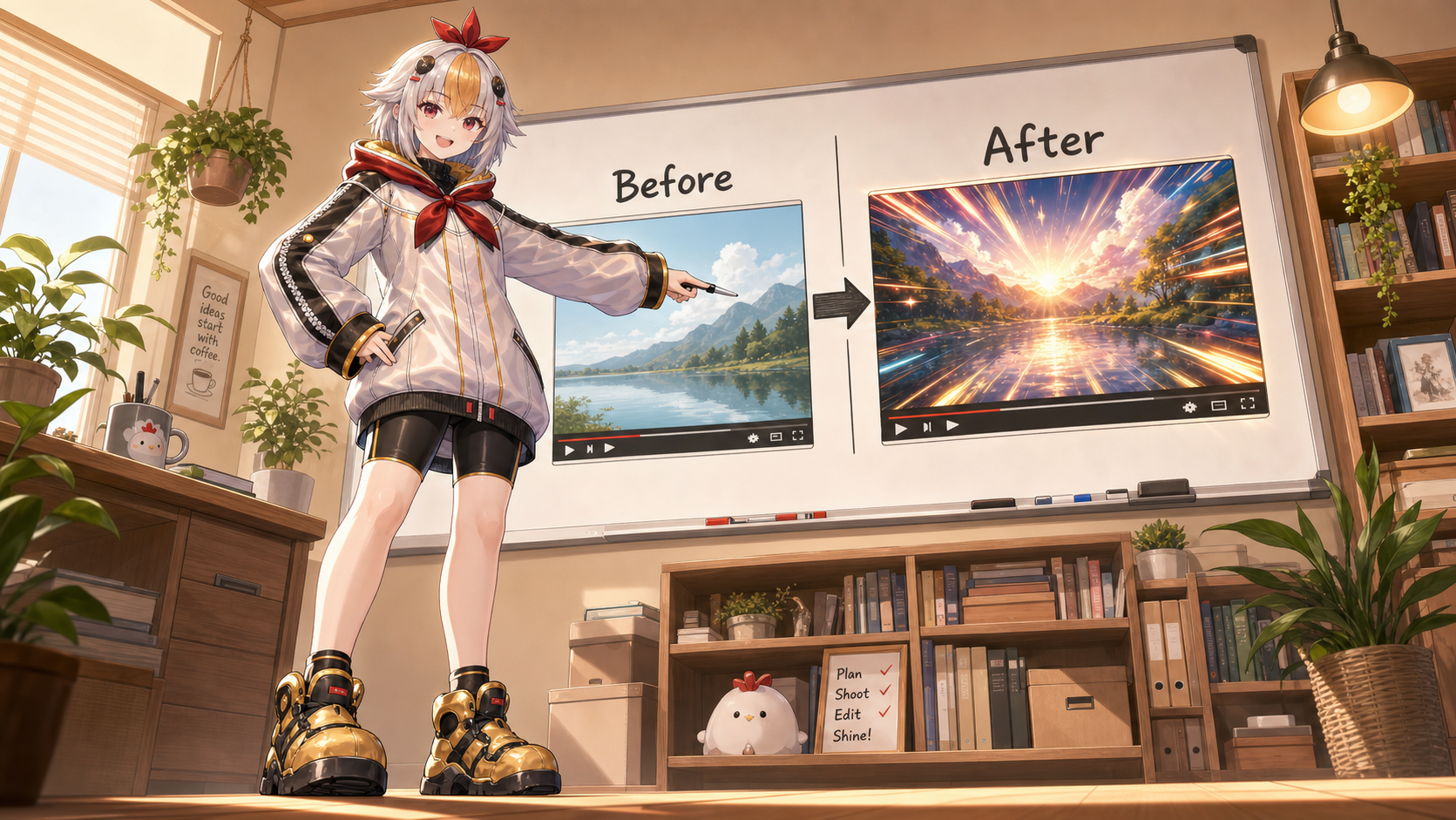 エフェクト使用前と使用後の動画の違いを比較するこっこちゃん