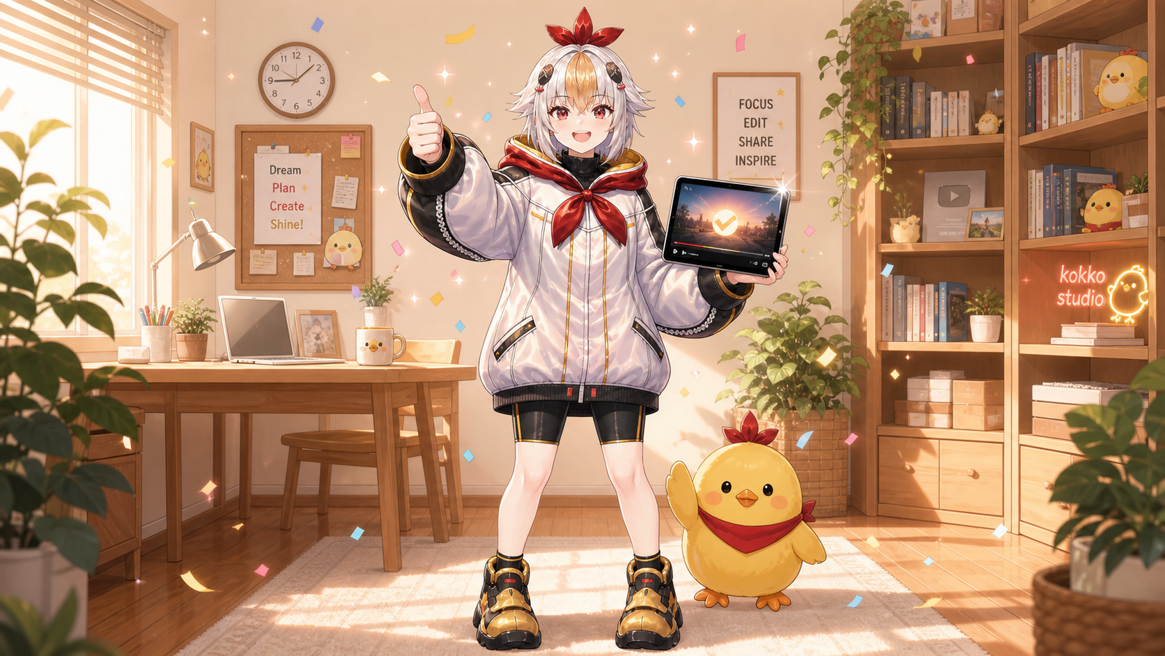 プロっぽい動画が完成して笑顔でサムズアップするこっこちゃん