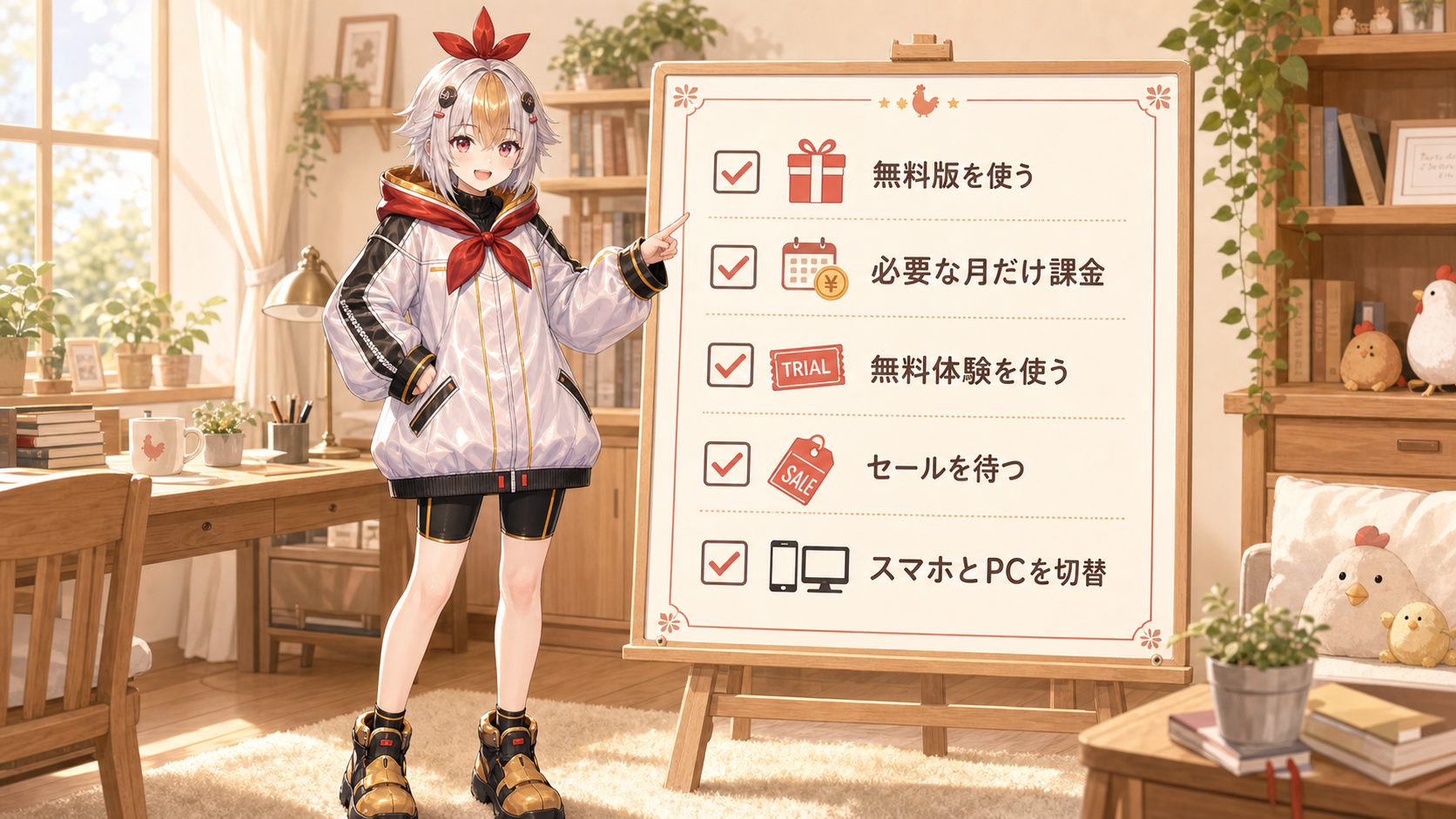 学生がCapCutを安く使う5つの方法のチェックリストを説明するこっこちゃん