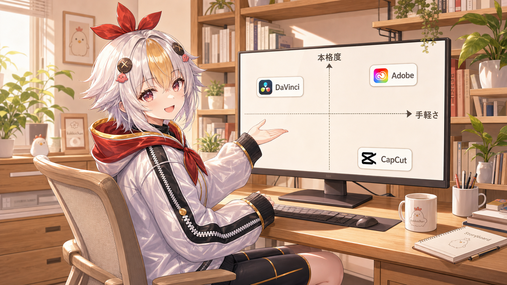 CapCut・DaVinci・Adobeの手軽さと本格度の位置づけを説明するこっこちゃん