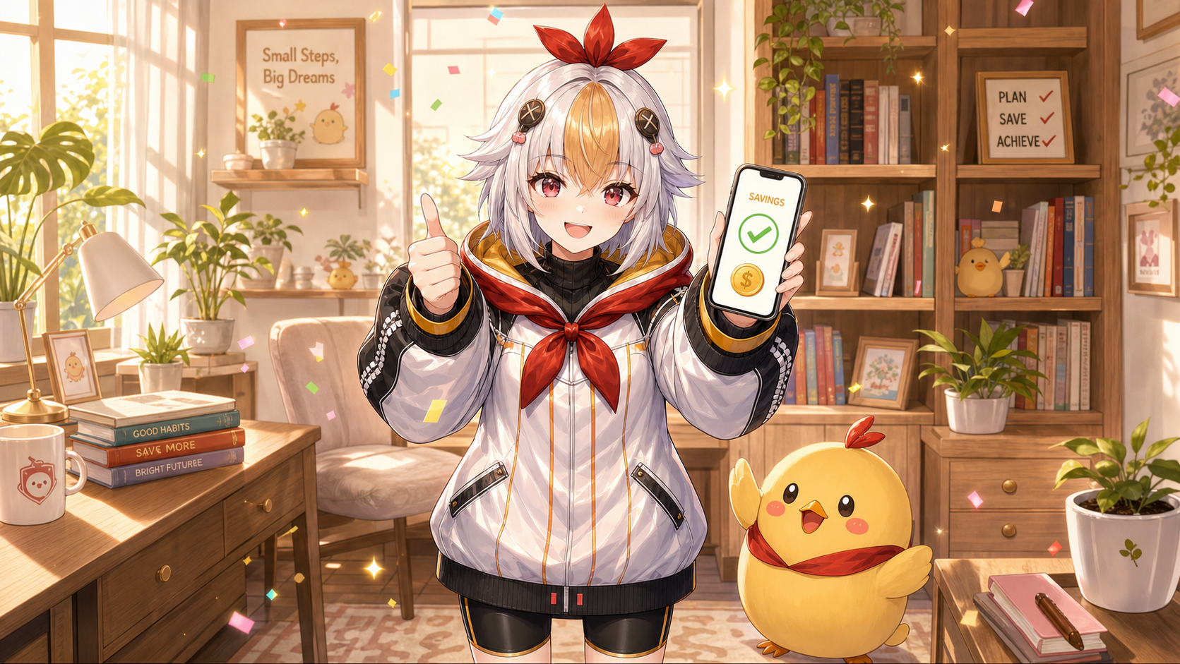 自分に合った方法が見つかって笑顔でサムズアップするこっこちゃん