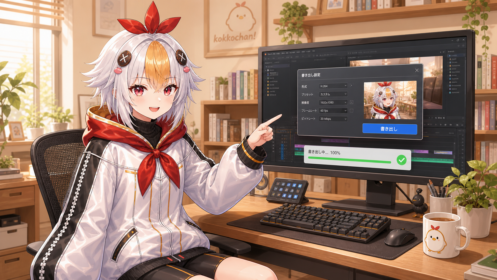 Premiere Proの書き出し設定を説明するこっこちゃん