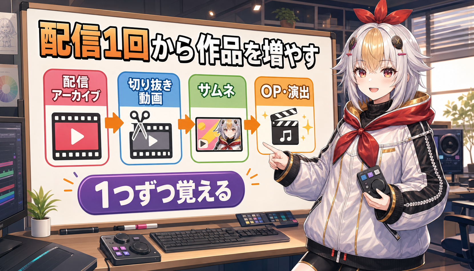 配信アーカイブを切り抜き動画、サムネ、OP演出へつなげる制作フロー図