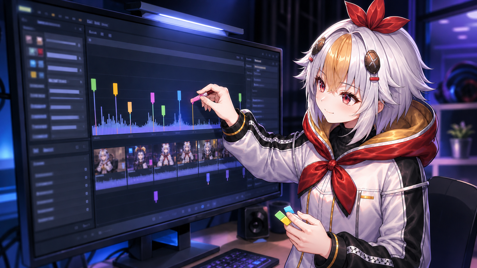 こっこちゃんが配信アーカイブの切り抜き候補に印を付けている挿絵