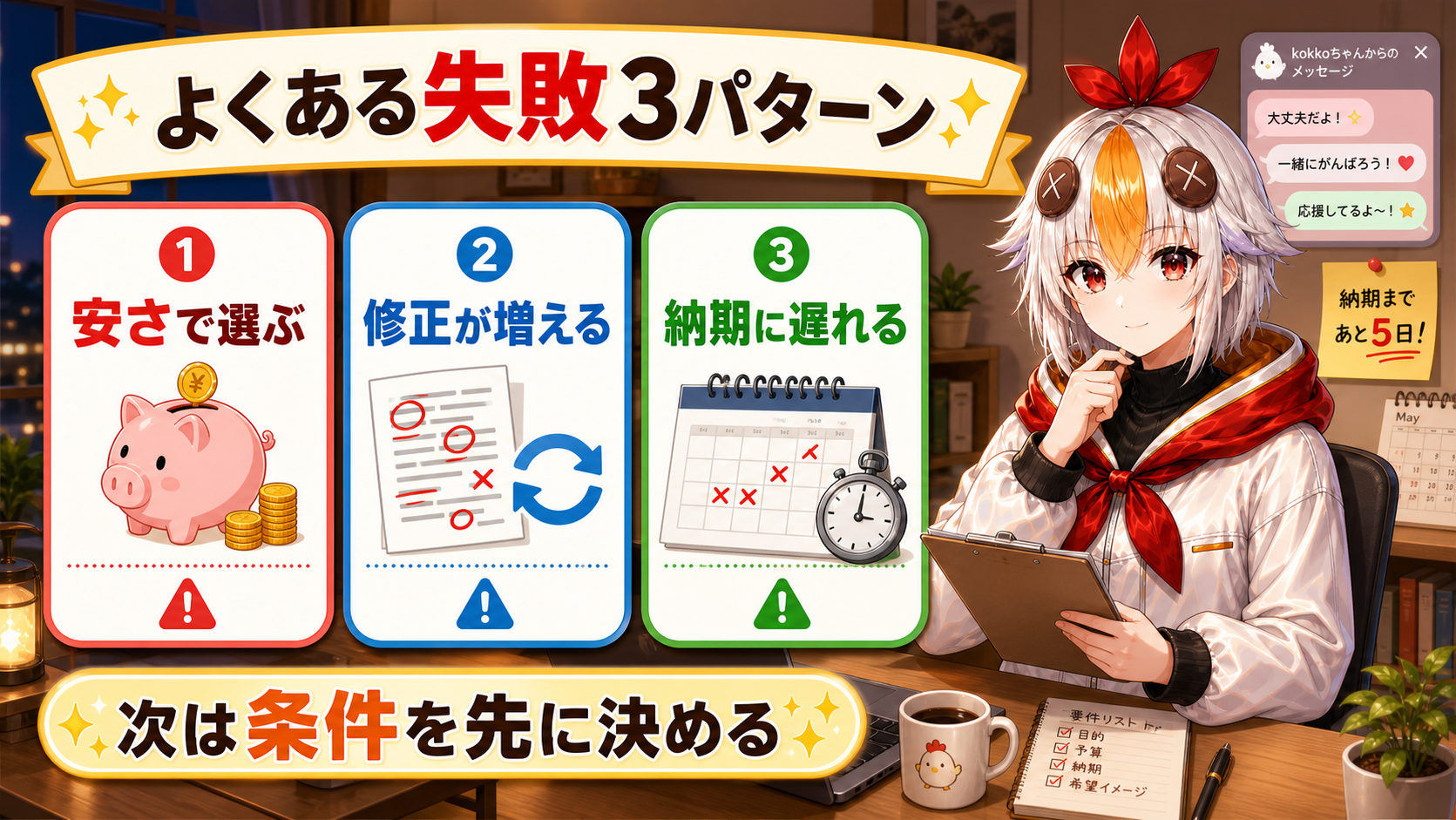 VTuber動画外注でよくある安さ、修正増加、納期遅れの失敗3パターンをまとめた図解