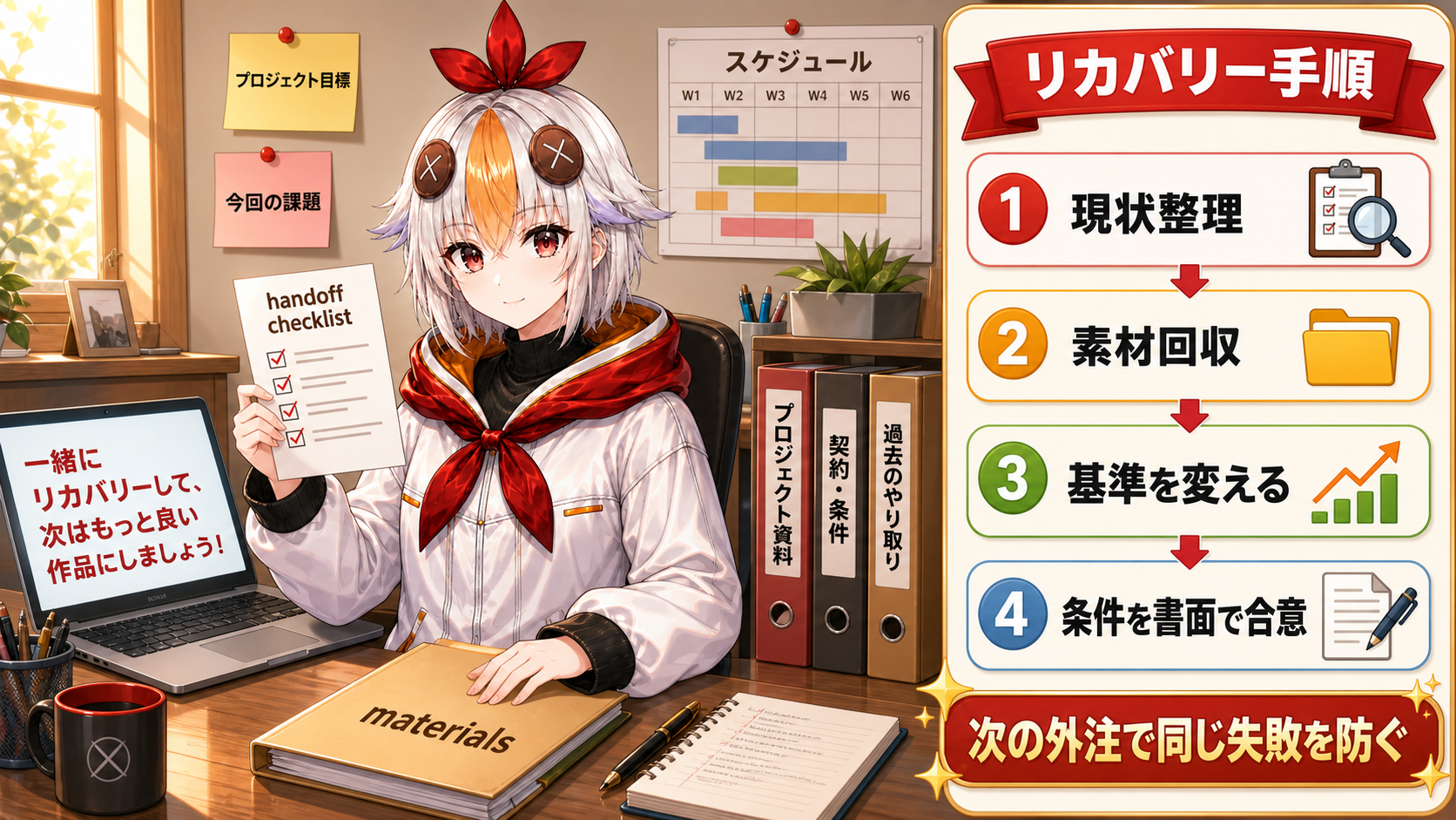 VTuber動画外注で失敗した後のリカバリー手順を現状整理、素材回収、基準変更、書面合意で示した図解