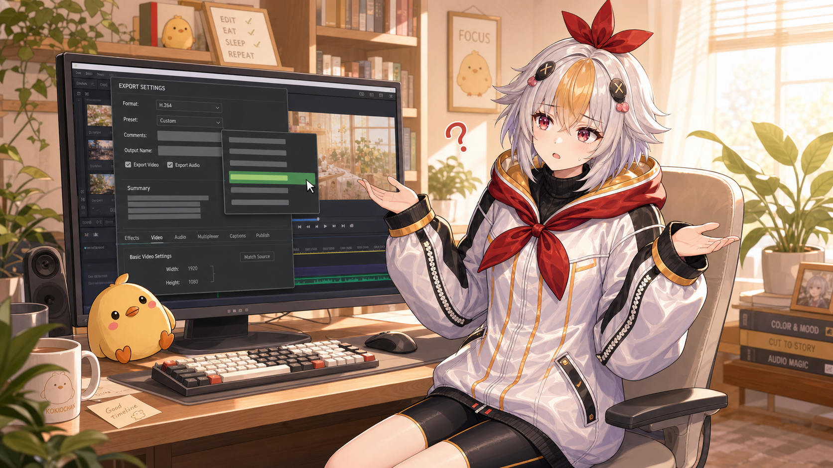 こっこちゃんがAEのレンダーキュー画面を前に「MP4が選べない！」と困っている図