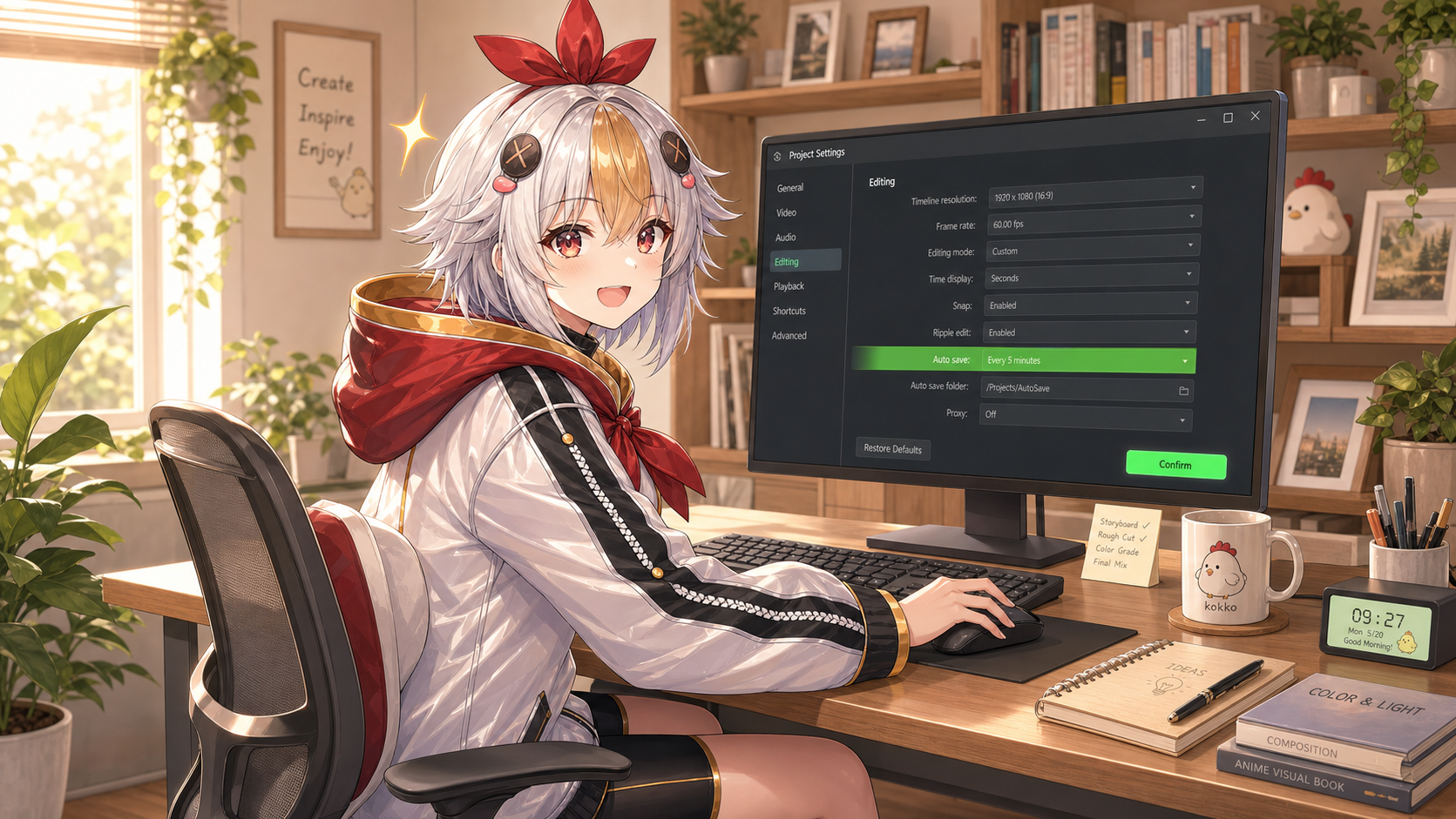 レンダーキューの出力モジュール設定を操作するこっこちゃん