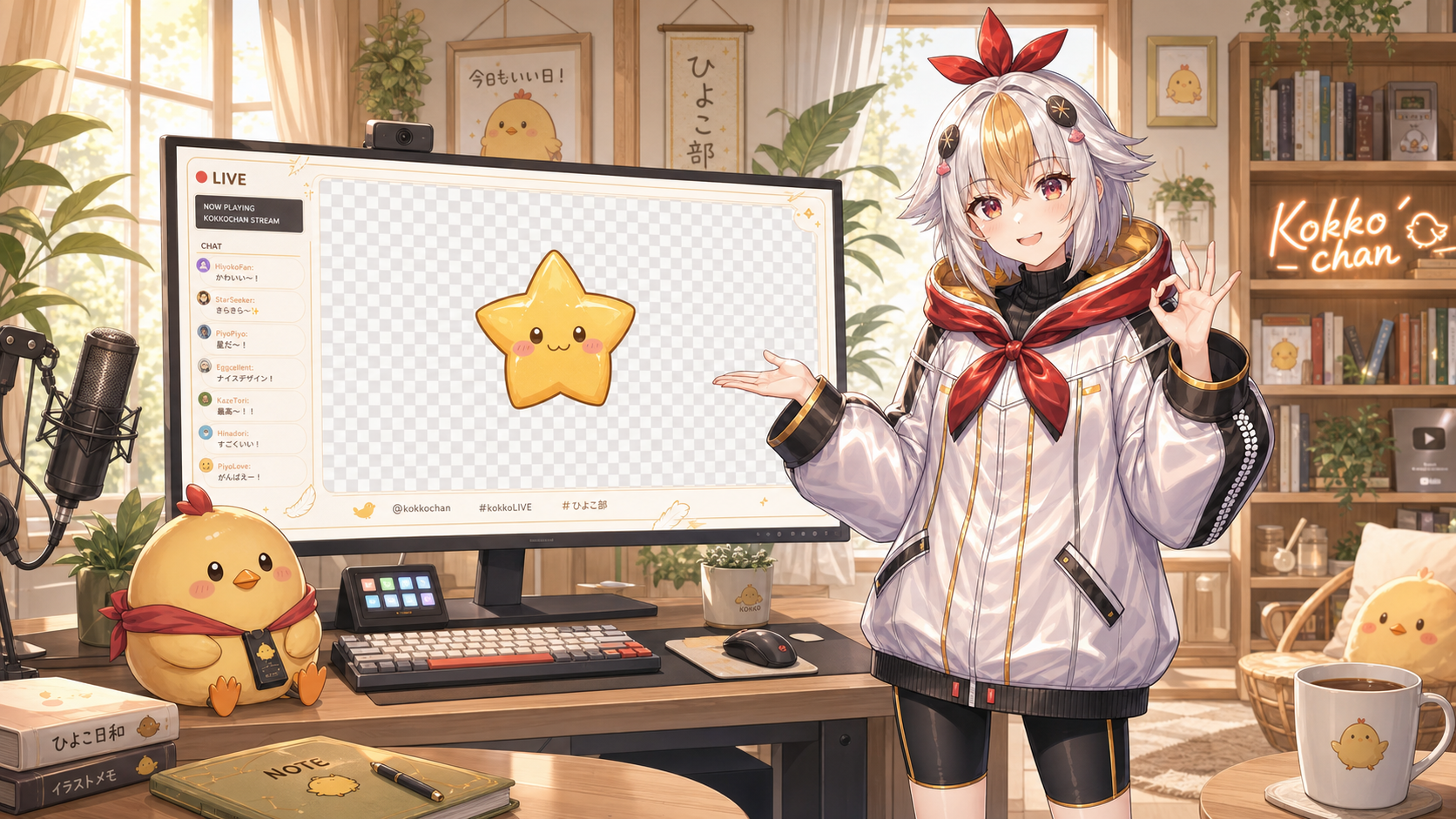 透過素材がOBSの配信画面にきれいに乗っている様子を喜ぶこっこちゃん