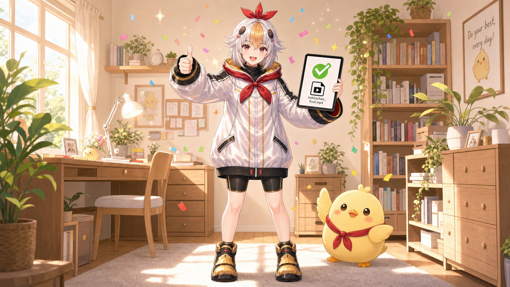 書き出し完了の画面を前にサムズアップするこっこちゃん