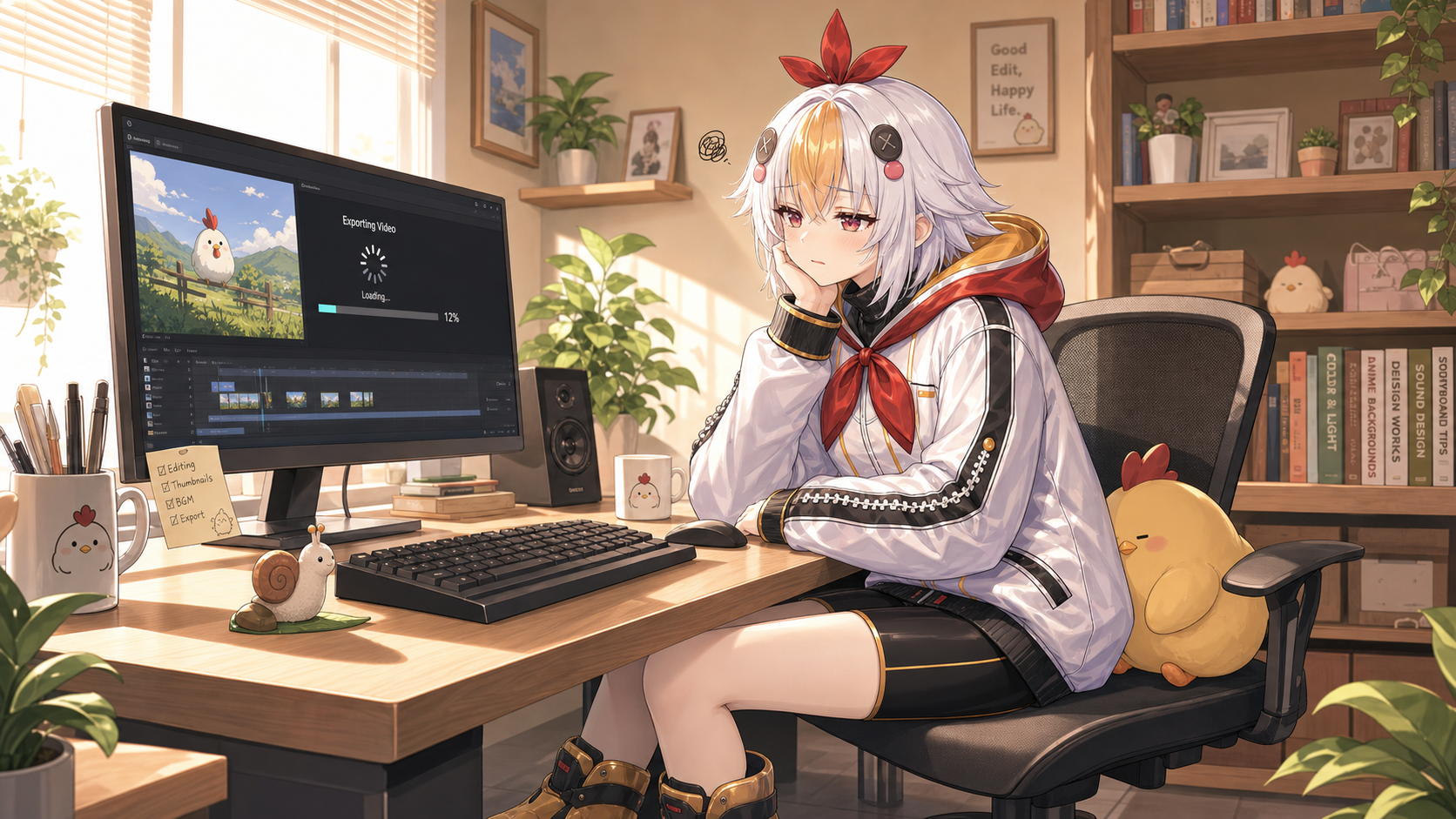 こっこちゃんがカクカクするAEのプレビュー画面を前に困り顔で頬杖をついている図
